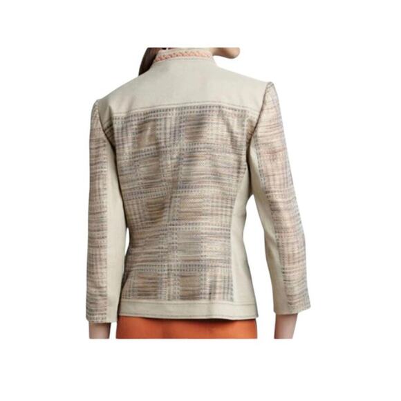 Elie Tahari Mandarin Collar Blazer Snaps Tan & Orange Braided Details Size 8 - Picture 3 of 11